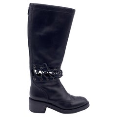 Chanel Black Leather 2016 Lace-Up Cutout CC Knee High Boots Size 38