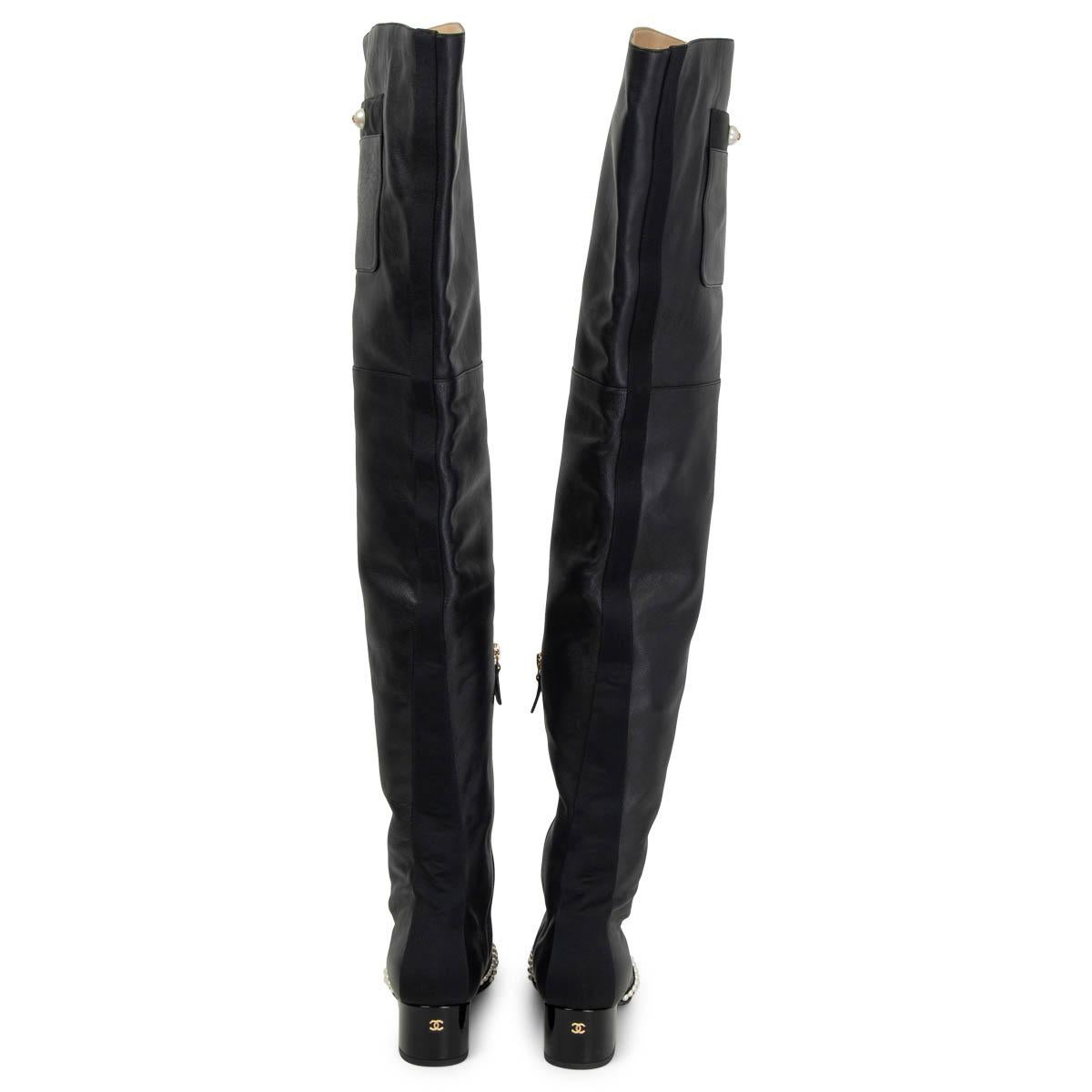 Black CHANEL black leather 2016 ROME PEARL OVER KNEE Boots Shoes 38.5 16A