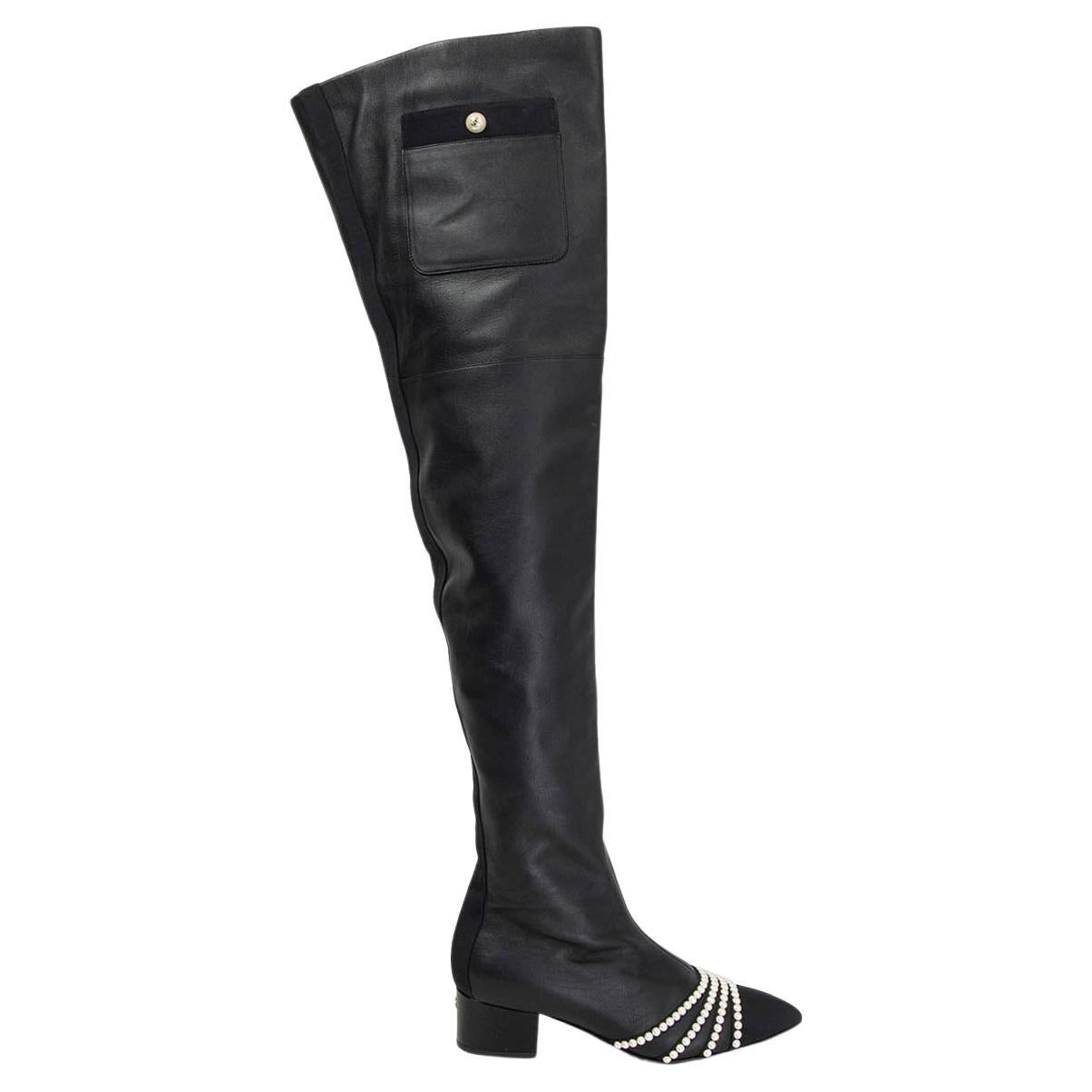 CHANEL black leather 2016 ROME PEARL OVER KNEE Boots Shoes 38.5 16A