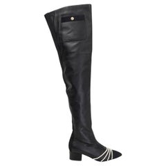 Used CHANEL black leather 2016 ROME PEARL OVER KNEE Boots Shoes 38.5 16A