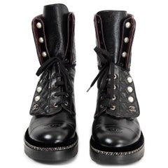 CHANEL black leather 2017 CITIZEN PEARL COMBAT Boots Shoes 38.5 C