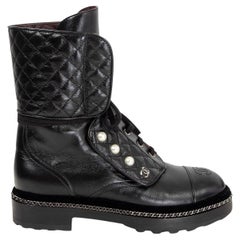 CHANEL black leather 2017 CITIZEN PEARL COMBAT Boots Shoes 38.5 C