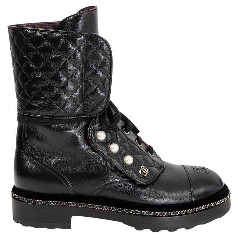CHANEL black leather 2017 CITIZEN PEARL COMBAT Boots Shoes 38.5 C For ...