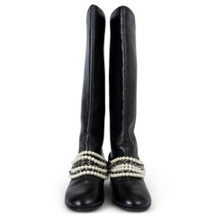CHANEL black leather 2018 18A HAMBURG PEARL CHAIN RIDING Boots Shoes 37.5