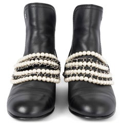 CHANEL black leather 2018 18C GREECE PEARL Chelsea Boots Shoes 38.5