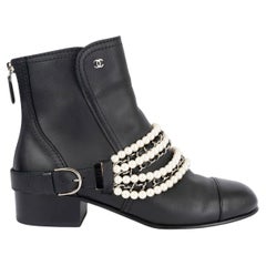 CHANEL cuir noir 2018 18C GREECE PEARL Chelsea Boots Shoes 38.5