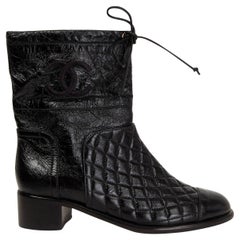 CHANEL black leather 2018 QUILTED DRAWSTRING Mid Calf Boots Shoes 38.5
