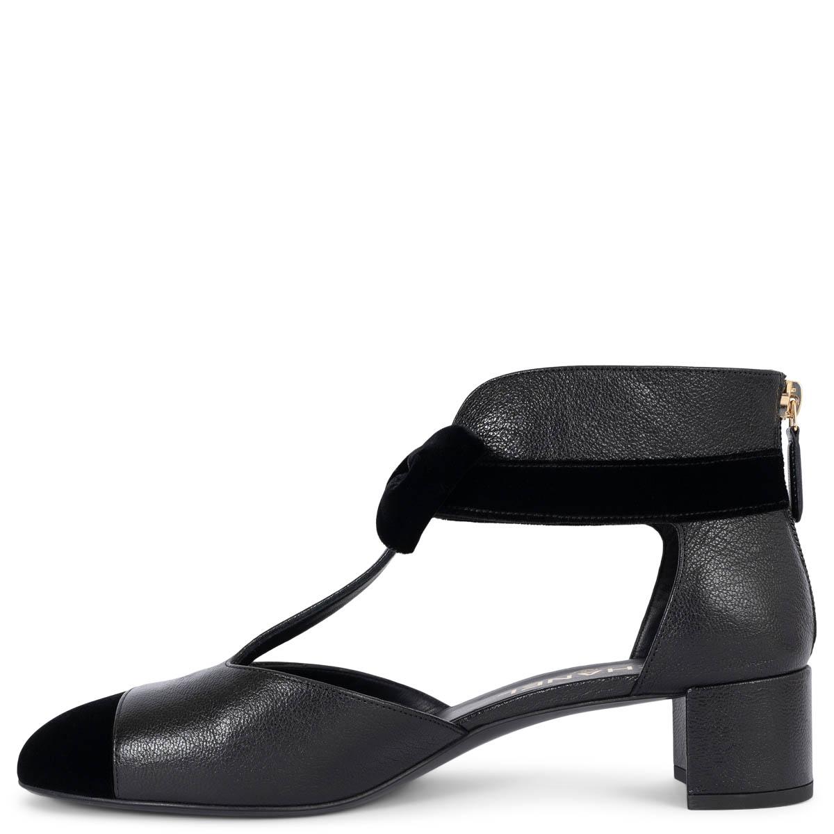 Women's CHANEL black leather 2019 19B VELVET BOW OPEN Shoes 39