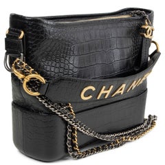 CHANEL black leather 2019 NEW YORK CROCO GABRIELLE MEDIUM HOBO Shoulder Bag
