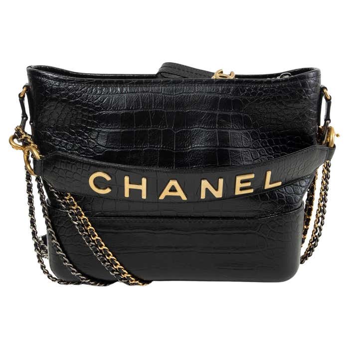 CHANEL black leather 2019 NEW YORK CROCO GABRIELLE MEDIUM HOBO Shoulder ...