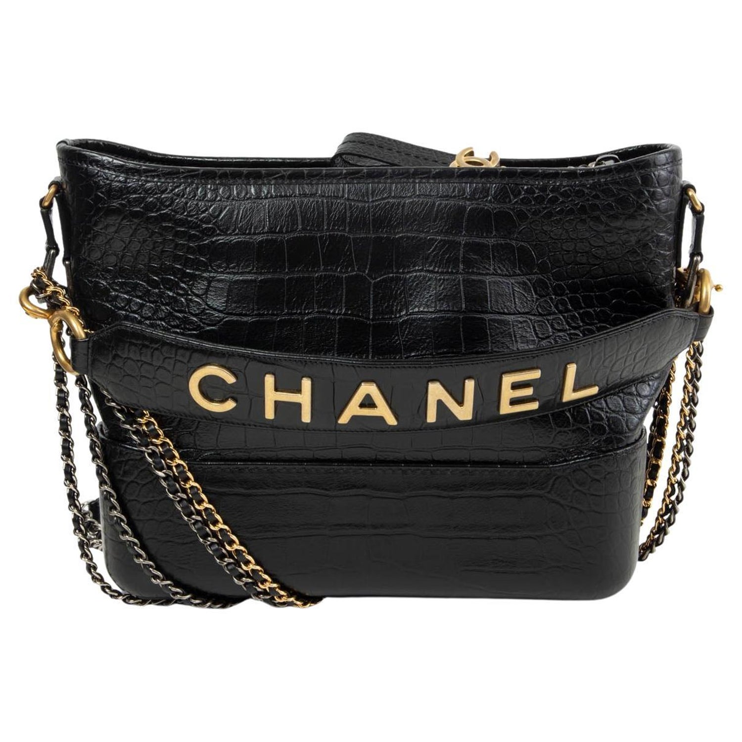 Chanel 2019 New York Gabrielle Medium Croco Embossed Hobo Bag Black