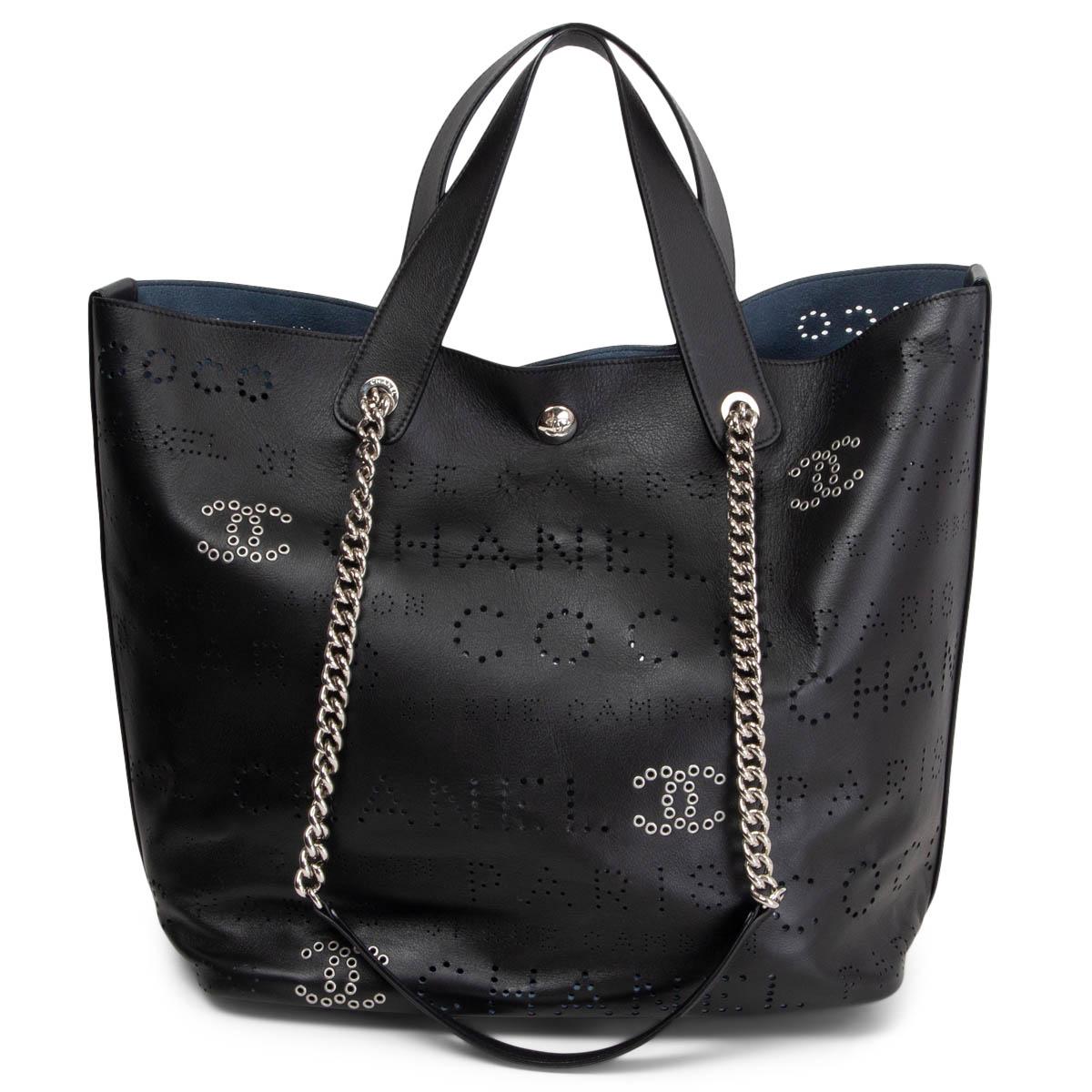 CHANEL black leather 2019 PERFORATED LOGO EYELET SMALL SHOPPING Bag at ...