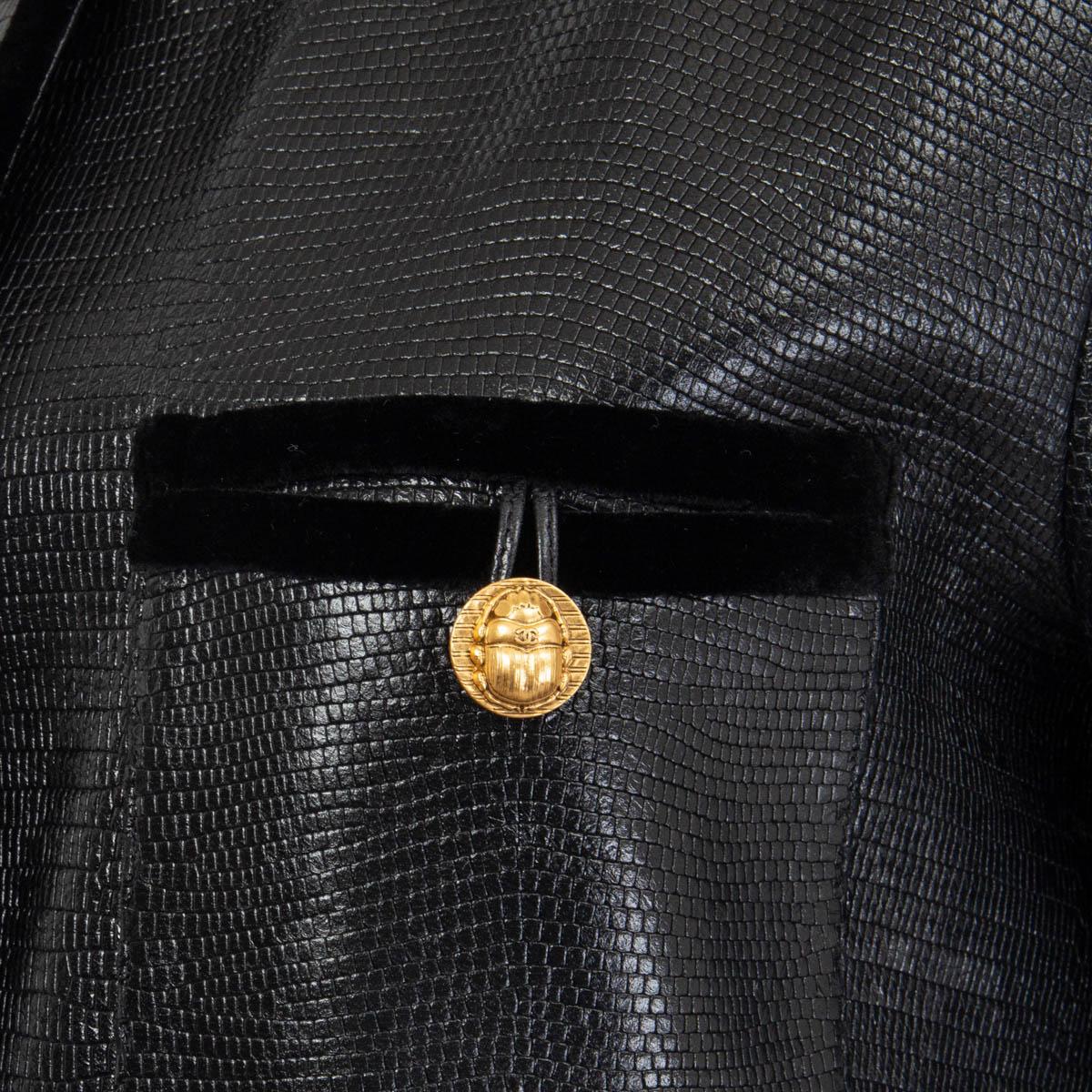 Donna Giacca CHANEL 2019 in pelle nera con TRIMENTO IN VELVET e finta lucertola 38 S