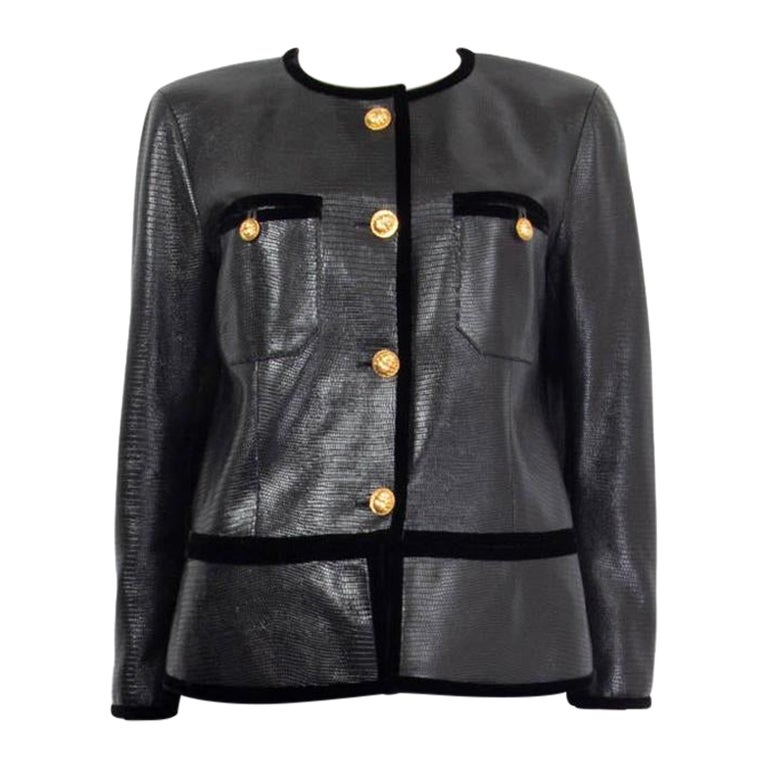 CHANEL negro cuero 2019 VELVET TRIM FAUX LIZARD Chaqueta 38 S