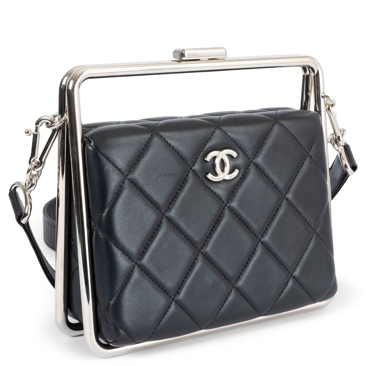 100% authentic Chanel 2020 shoulder bag/clutch in black quilted lambskin featuring silver-tone hardware. The design comes with a metal bar frame and a detachable shoulder-strap. Lined in black grosgrain with a slip pocket against the back. Has been