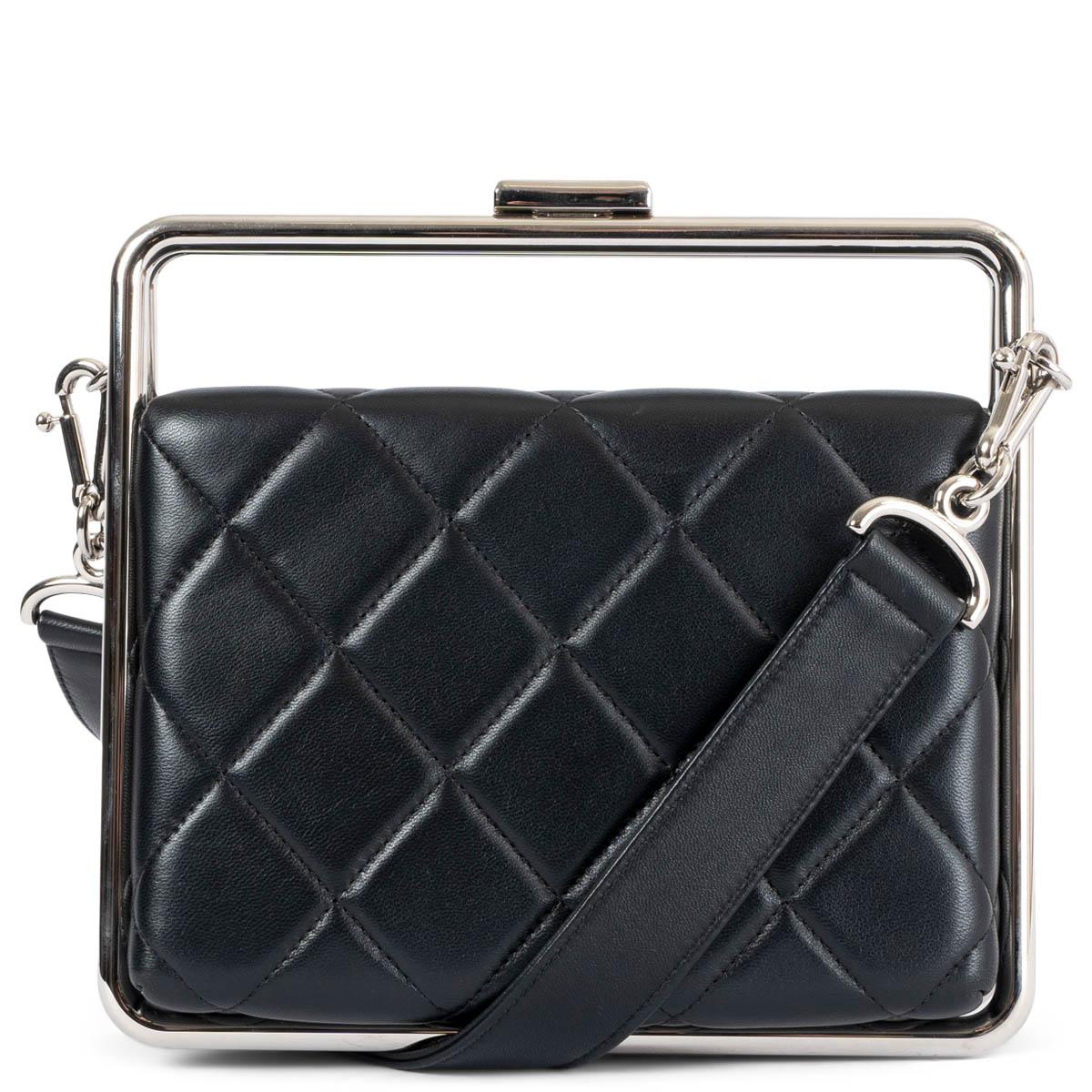 Black CHANEL black leather 2020 20S METAL BAR FRAME CLUTCH W STRAP Bag For Sale
