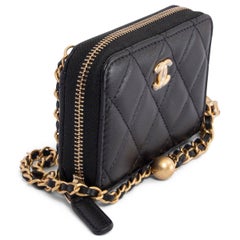 CHANEL black leather 2022 22C PEARL CRUSH Credit Card Crossbody Wallet