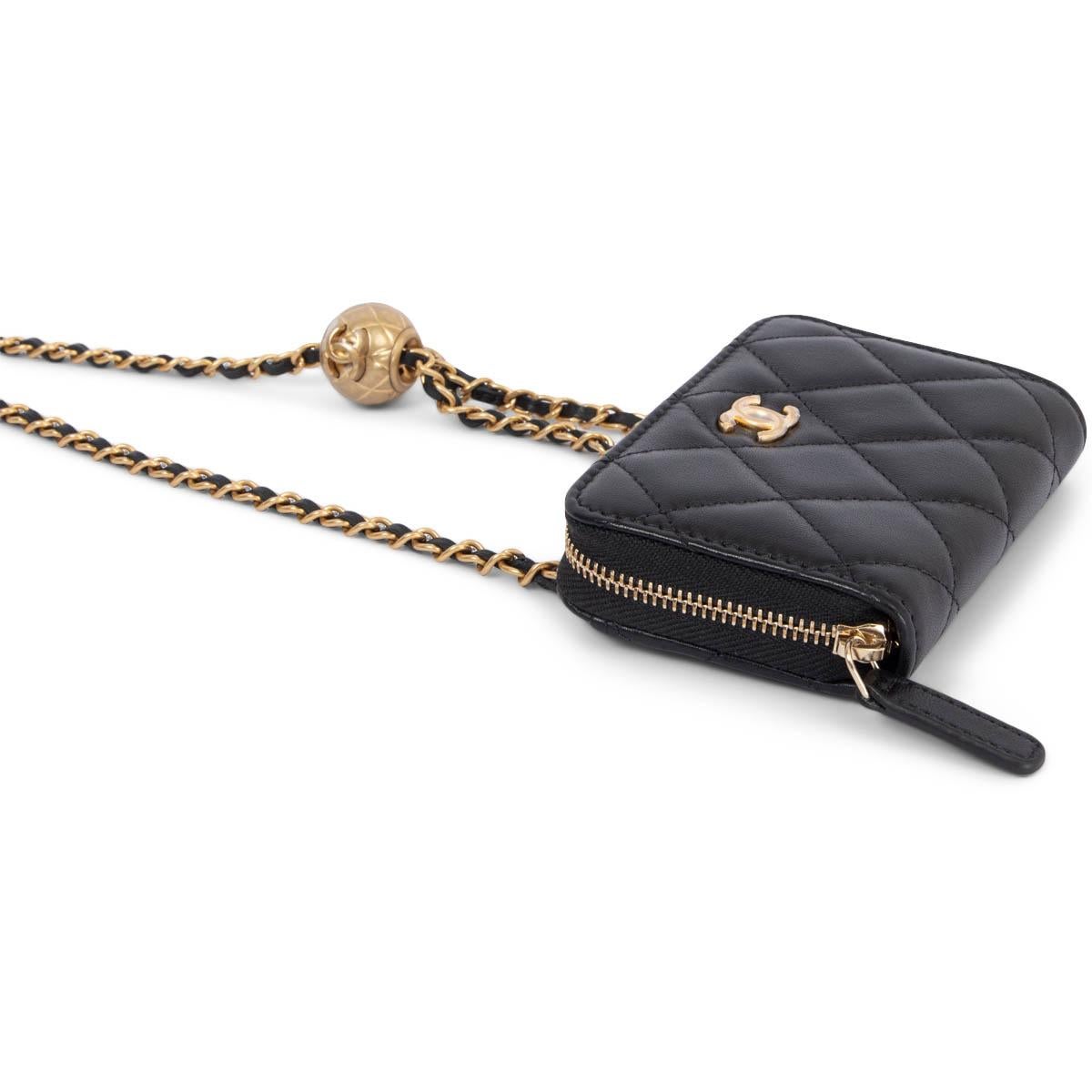 CHANEL black leather 2022 22C PEARL CRUSH Credit Card Crossbody Wallet 1