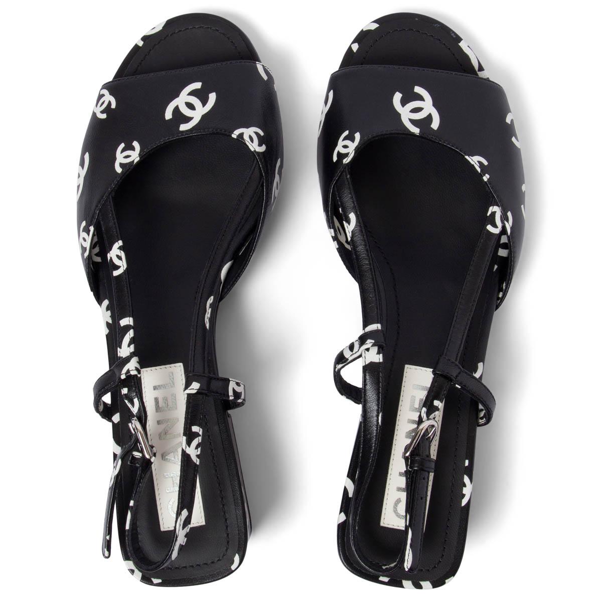 CHANEL black leather 2022 22S LOGO Slingback Sandals Shoes 38.5 For Sale 2