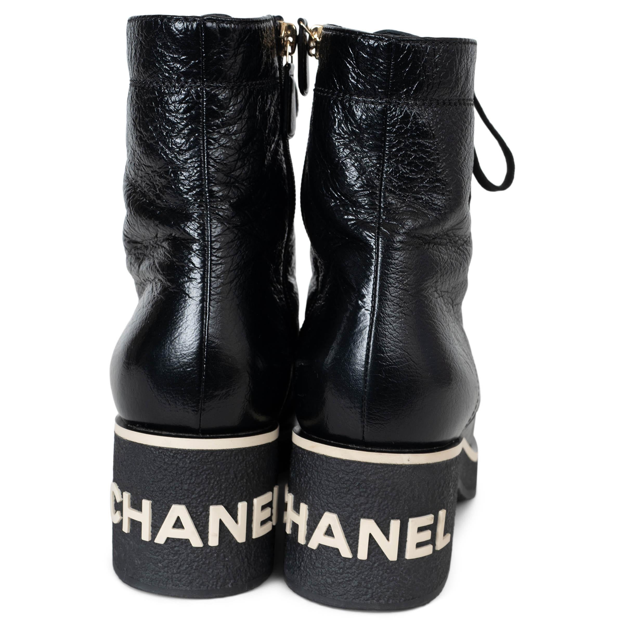 Women's CHANEL black leather 21C CAPRI LACE-UP Boots Shoes 38