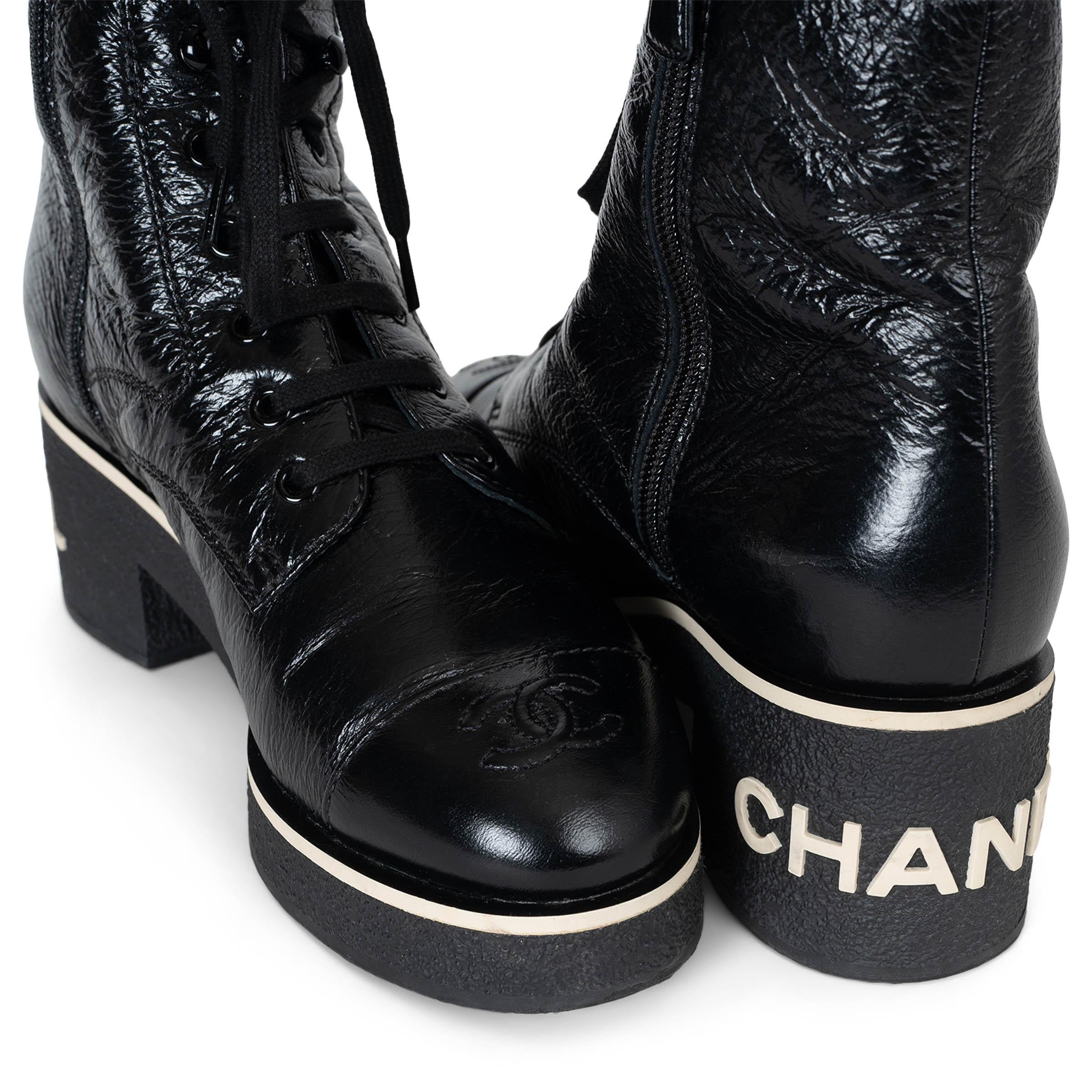 CHANEL black leather 21C CAPRI LACE-UP Boots Shoes 38 2