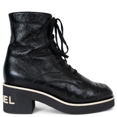 CHANEL black leather 21C CAPRI LACE-UP Boots Shoes 38