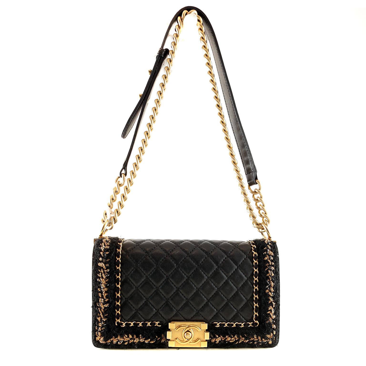 Chanel Black Leather and Boucle Medium Boy Bag 7