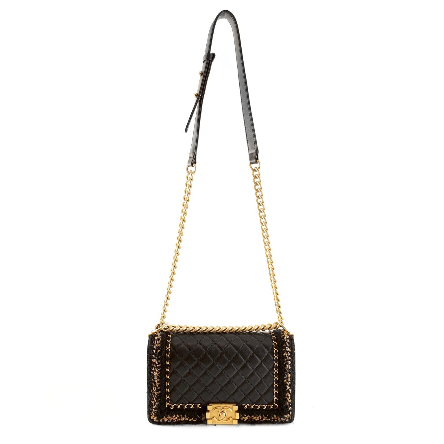 Chanel Black Leather and Boucle Medium Boy Bag 8