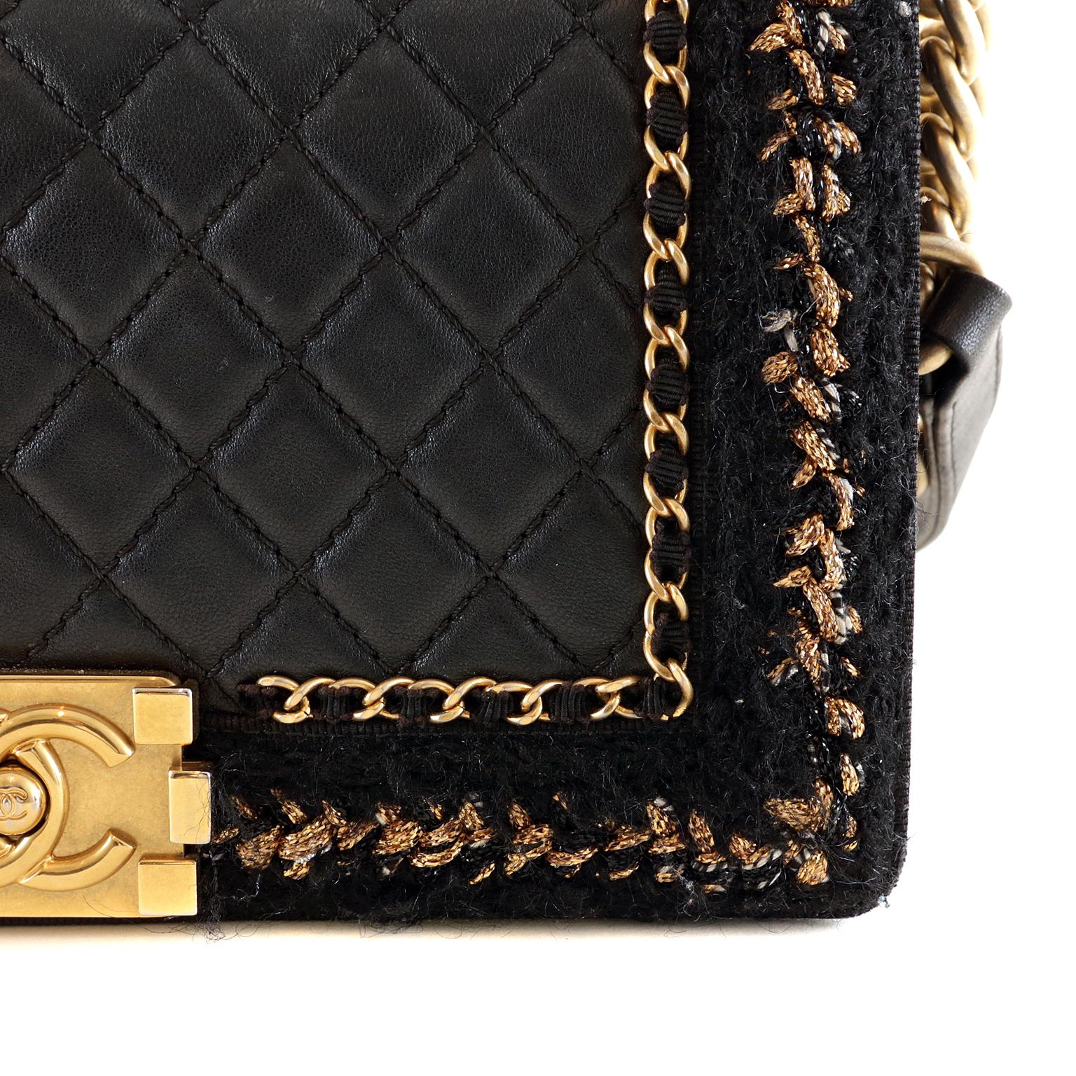 Chanel Black Leather and Boucle Medium Boy Bag 2