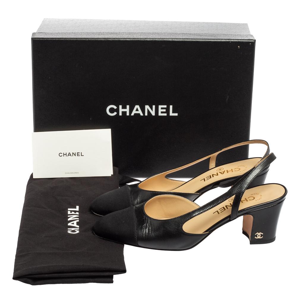 Chanel Black Leather And Canvas CC Cap Toe Slingback Sandals Size 37 3
