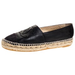 Chanel Black Leather And Canvas CC Espadrilles Size 37