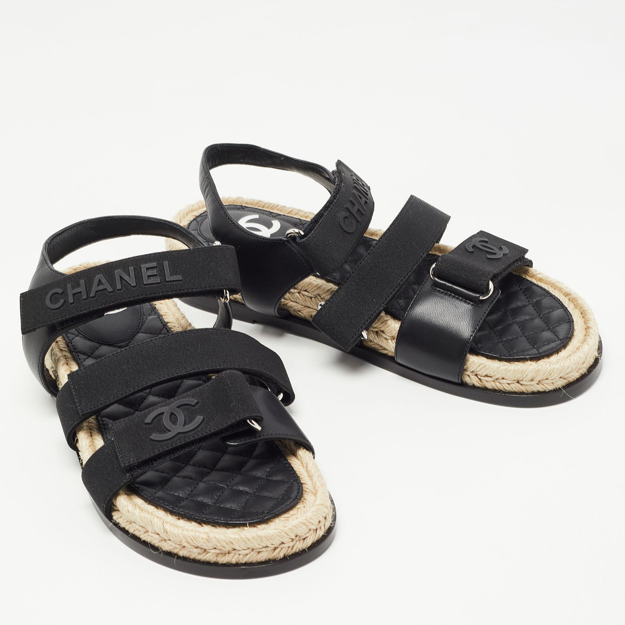 Chanel Black Leather and Canvas Dad Slingback Sandals Size 38 1