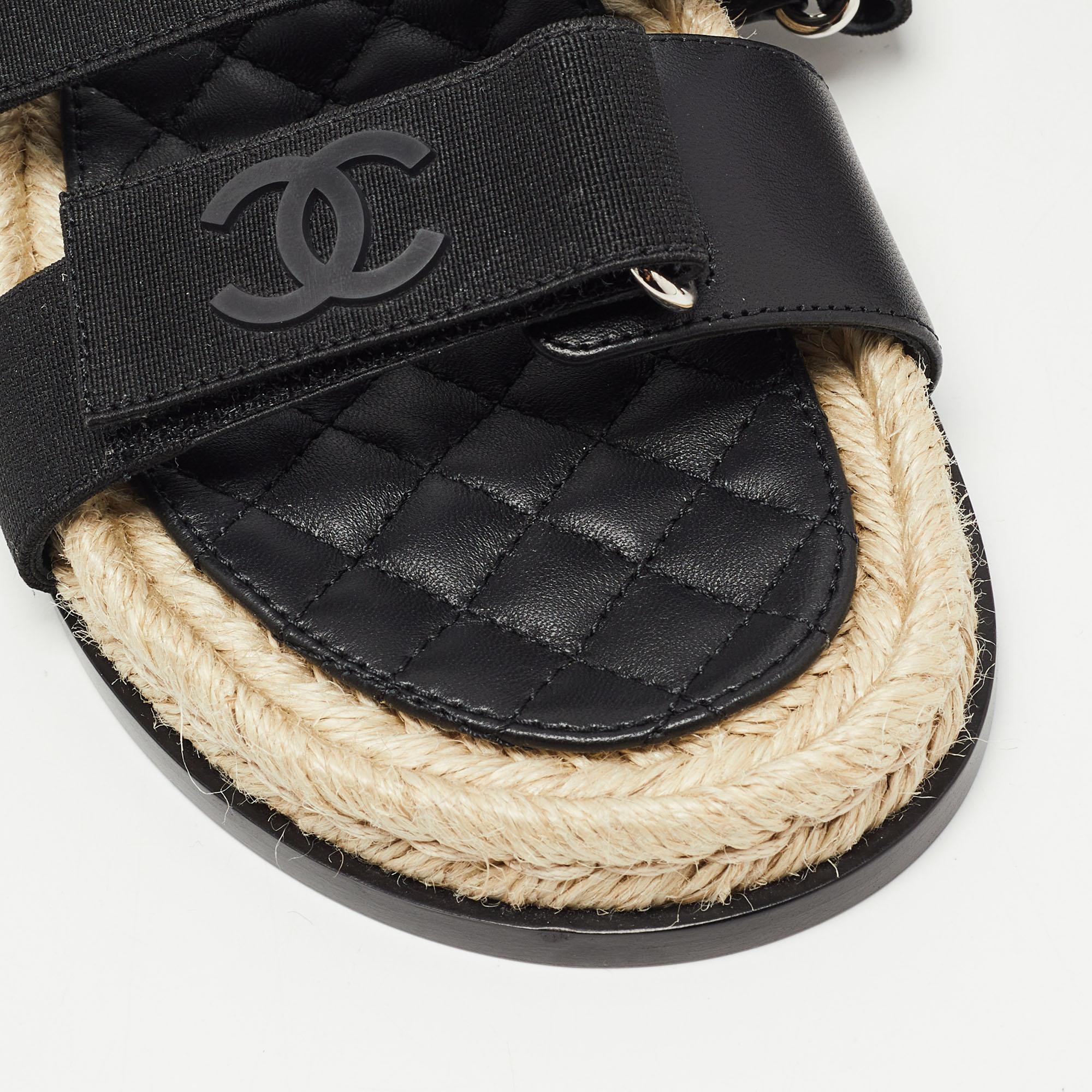 Chanel Black Leather and Canvas Dad Slingback Sandals Size 38 3
