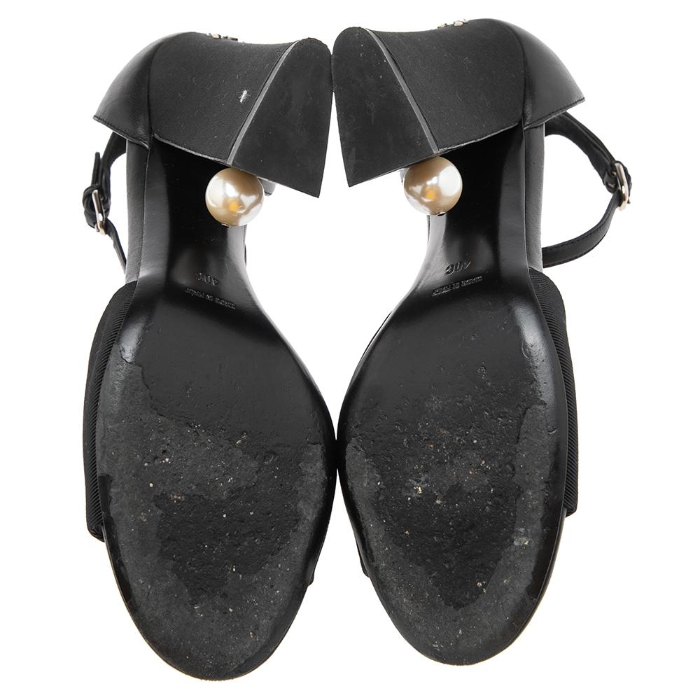 Women's Chanel Black Leather And Canvas Pearl Heel Ankle Strap Sandals Size 40