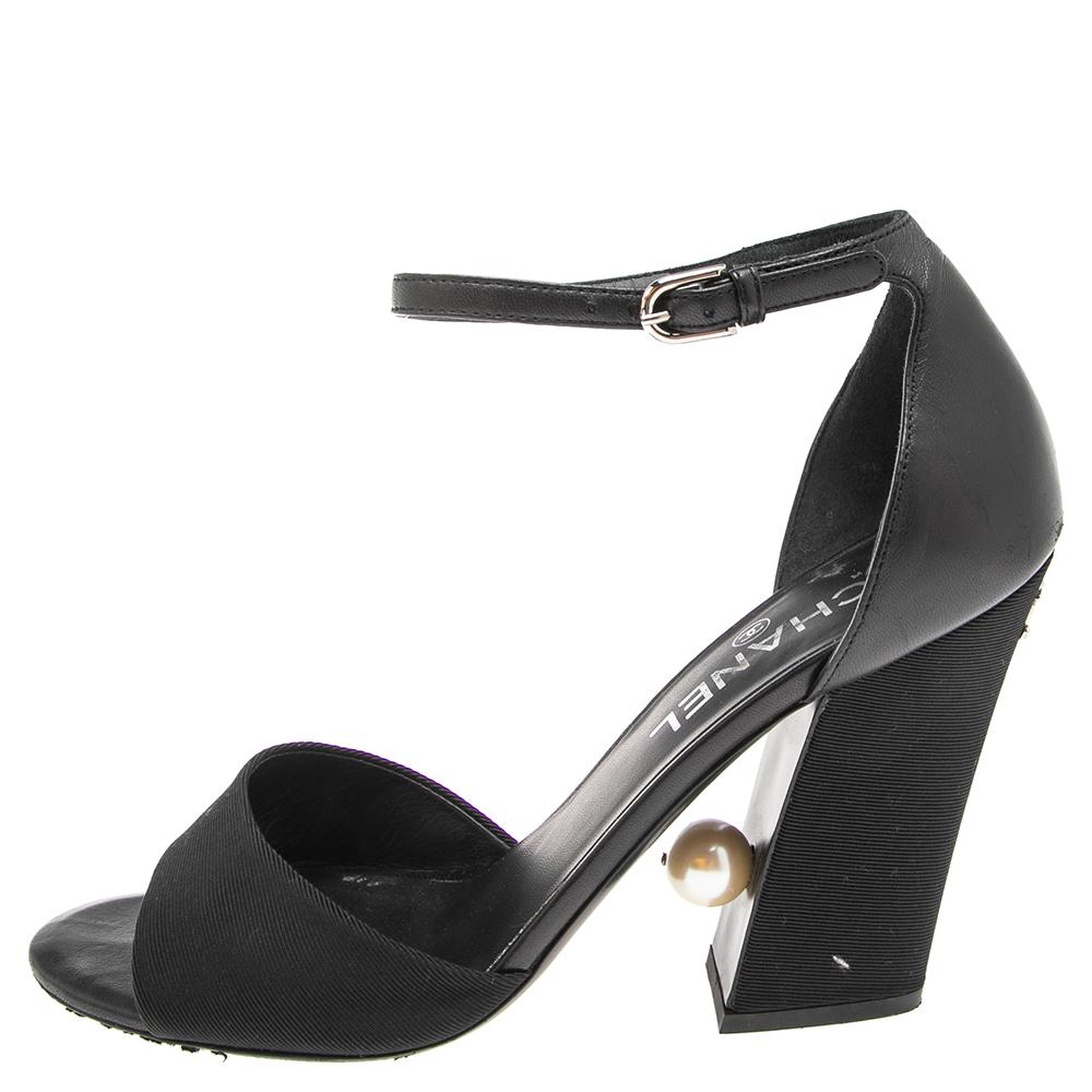 Chanel Black Leather And Canvas Pearl Heel Ankle Strap Sandals Size 40 1