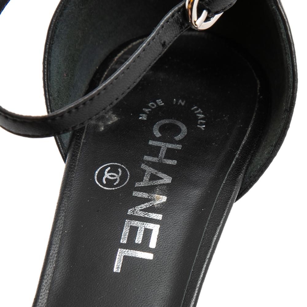 Chanel Black Leather And Canvas Pearl Heel Ankle Strap Sandals Size 40 2