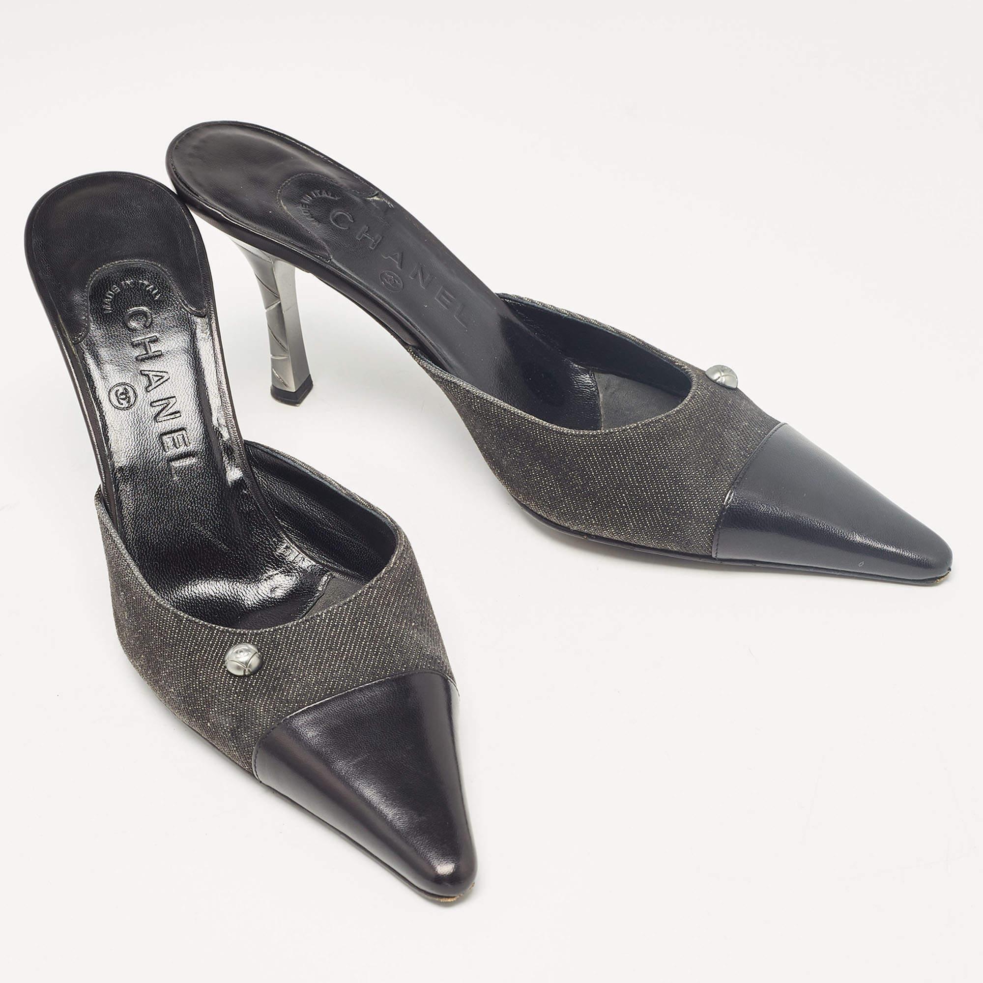Women's Chanel Black Leather and Canvas Pointed Toe Mules Size 39.5