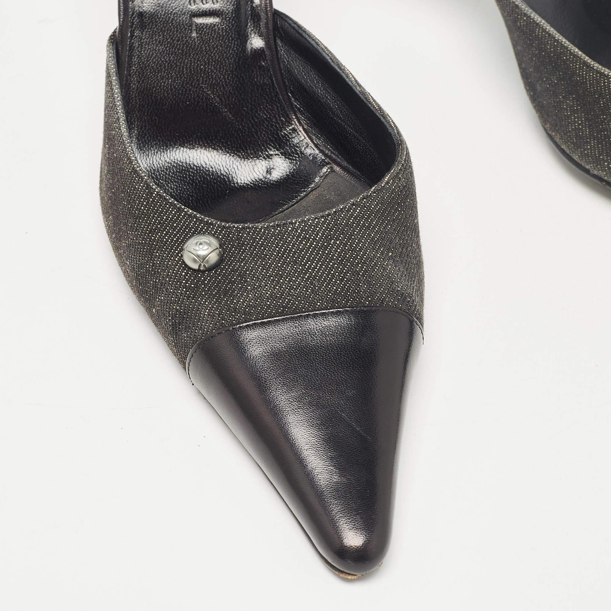 Chanel Black Leather and Canvas Pointed Toe Mules Size 39.5 3