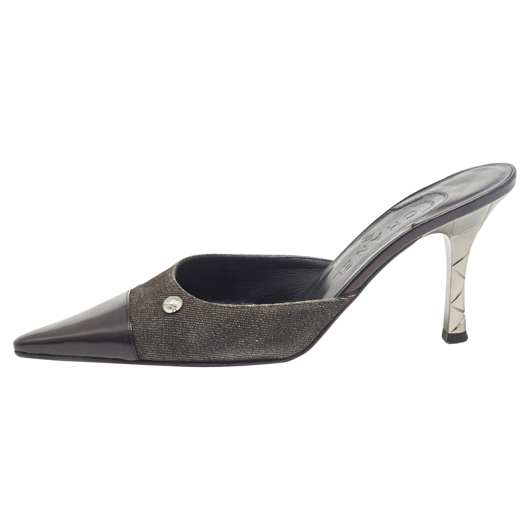 Chanel Black Leather and Canvas Pointed Toe Mules Size 39.5
