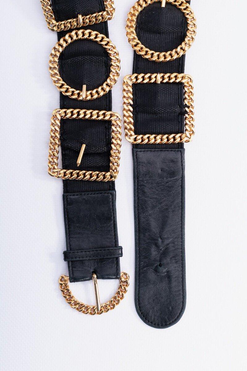 Chanel Schwarzer Ledergürtel und elastischer Gürtel mit vergoldeten Metallschnallen Damen im Angebot