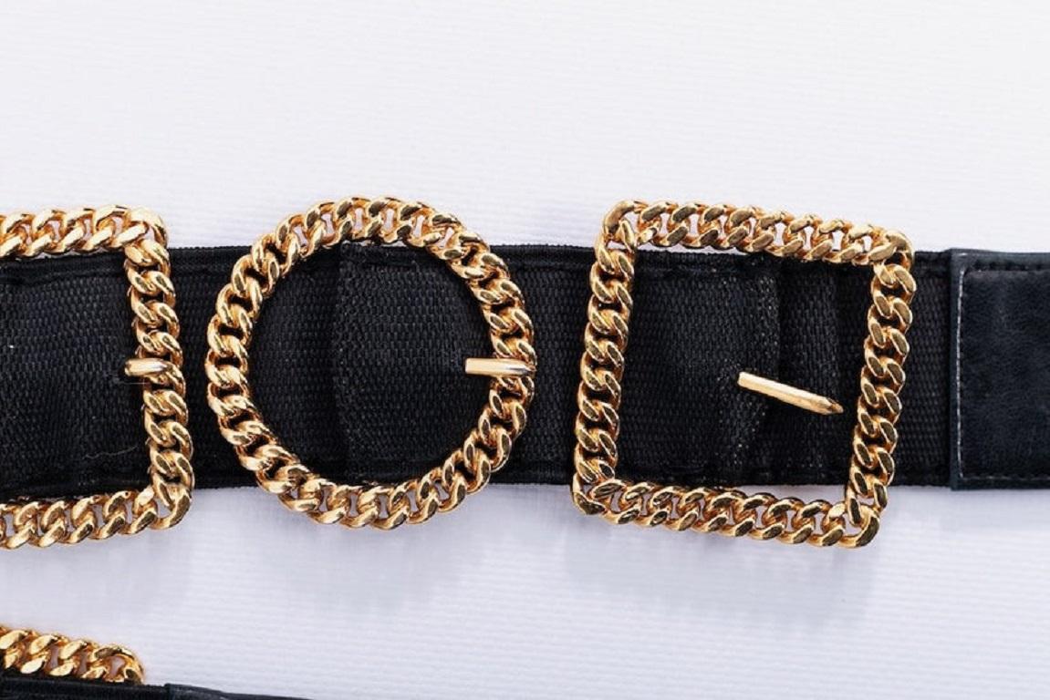 Chanel Black Leather and Elastic Belt Embellished with Gilded Metal Buckles For Sale 2