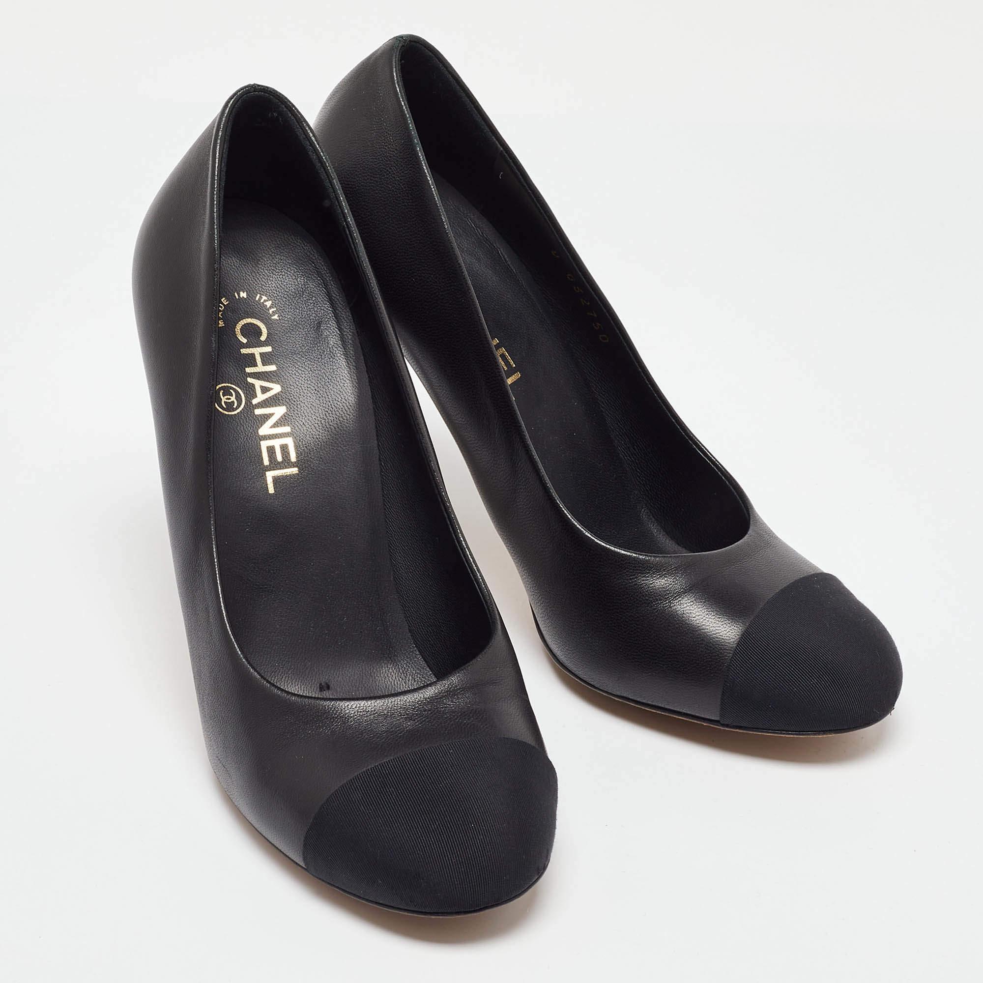 Women's Chanel Black Leather and Fabric Cap Toe Faux Pearl Heel Pumps Size 40