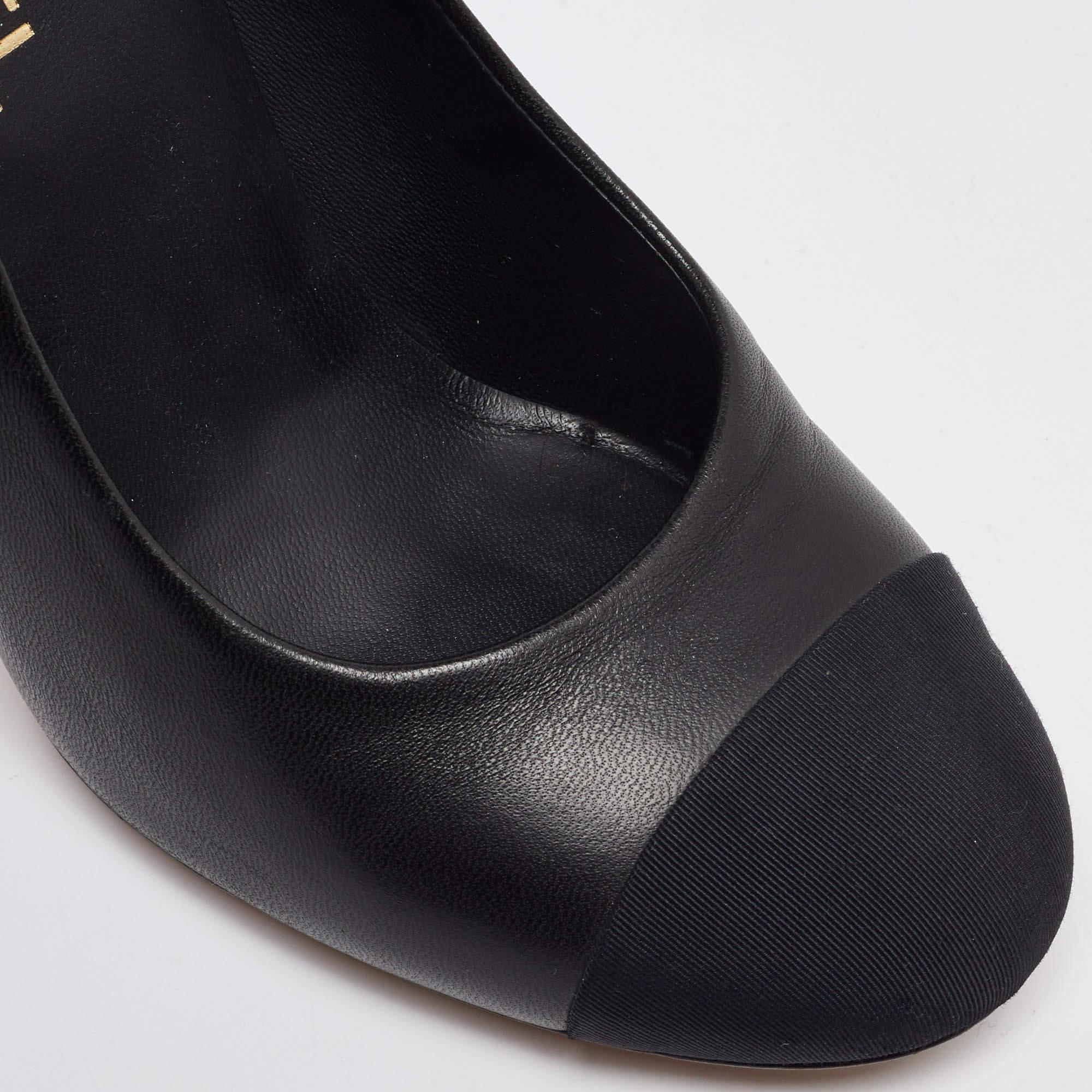 Chanel Black Leather and Fabric Cap Toe Faux Pearl Heel Pumps Size 40 4
