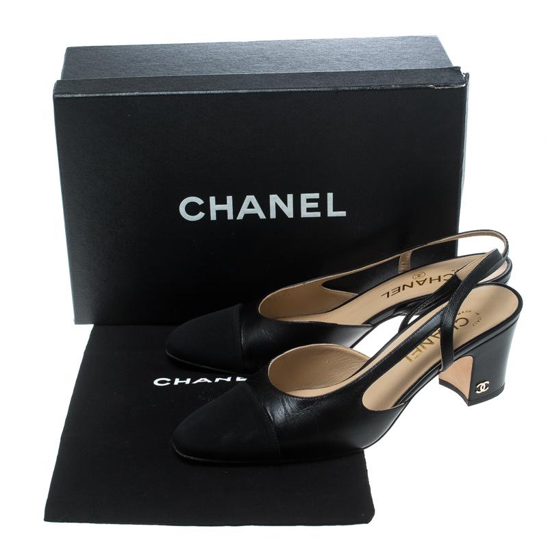 Chanel Black Leather and Fabric Cap Toe Slingback Sandals Size 38.5 1