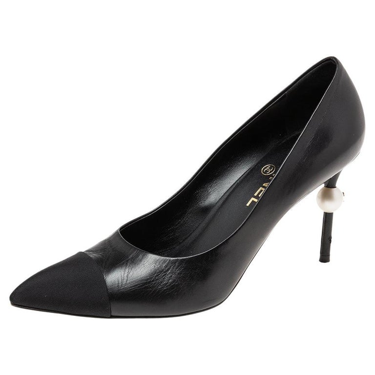 Chanel Black Leather and Fabric Faux Pearl Heel Pumps Size 39.5 at 1stDibs