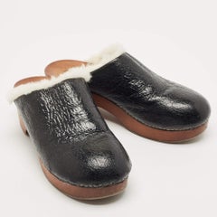 Chanel Black Leather and Fur Slip On Clogs Size 39