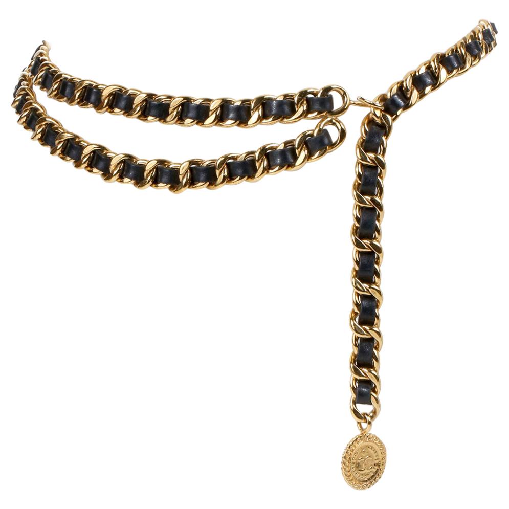 Chanel Black Leather and Gold Chain Coin Charm Belt at 1stDibs