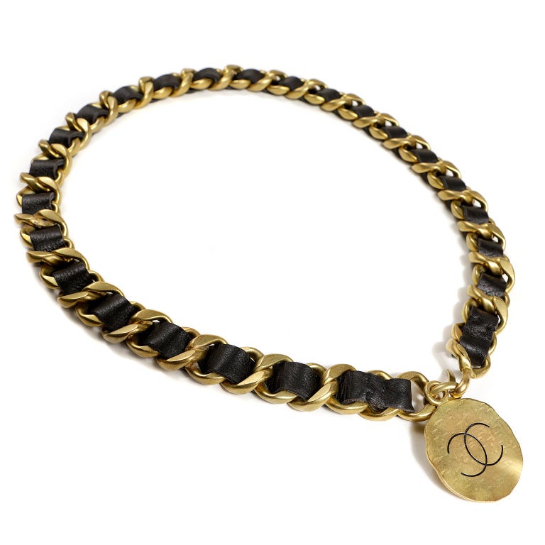 Chanel Black Leather & Gold Chain Belt with Medallion Charm. , Lot  #78006