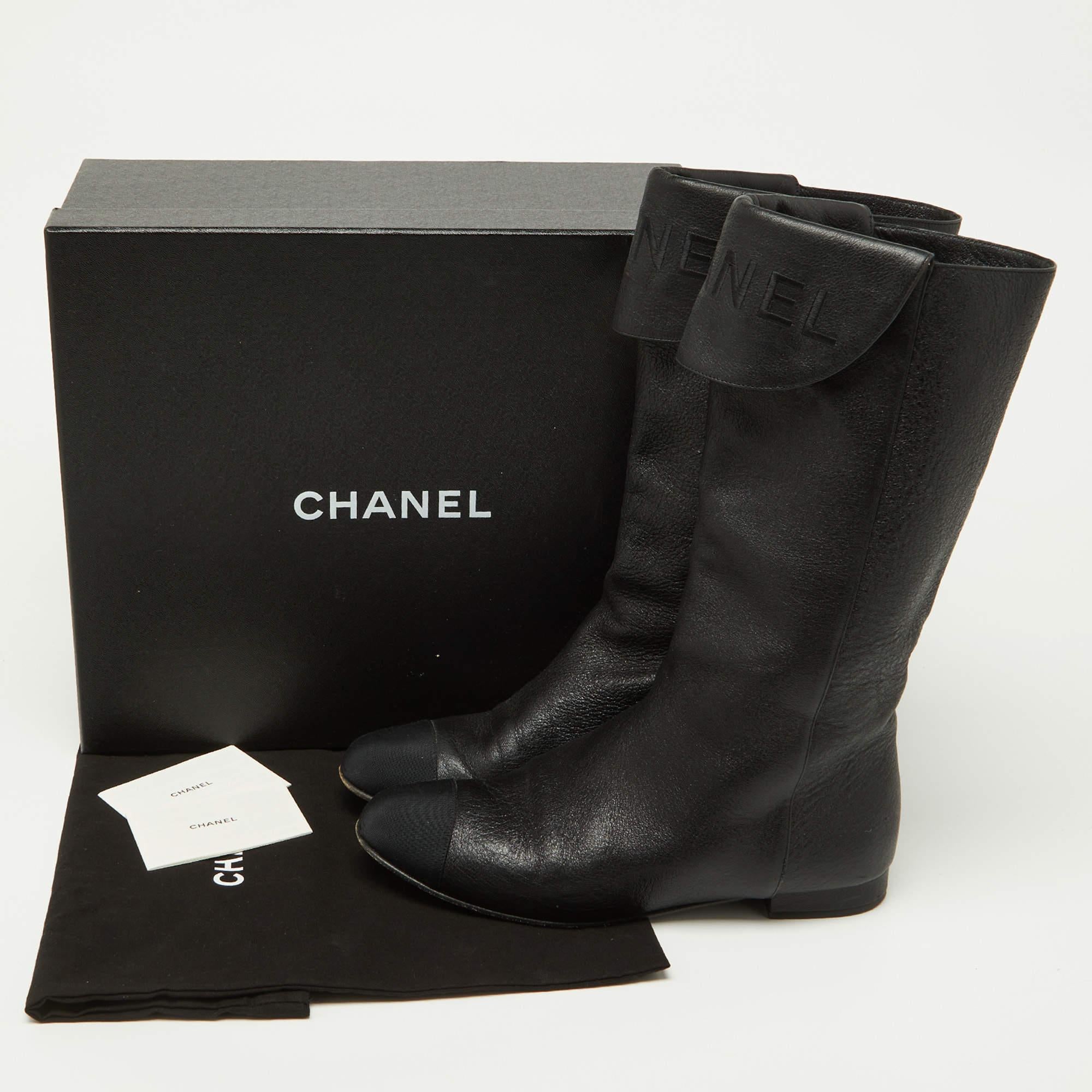 Chanel Black Leather and Grosgrain Mid Calf Boots Size 37.5 For Sale 6