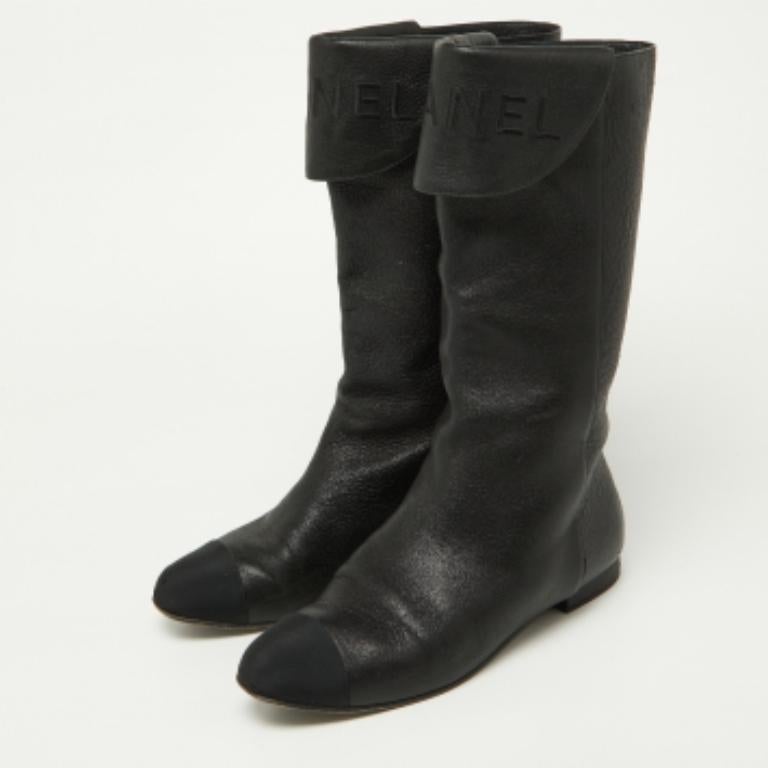 Noir Chanel - Bottes mi-mollets en cuir noir et gros grain - Taille 37,5 en vente